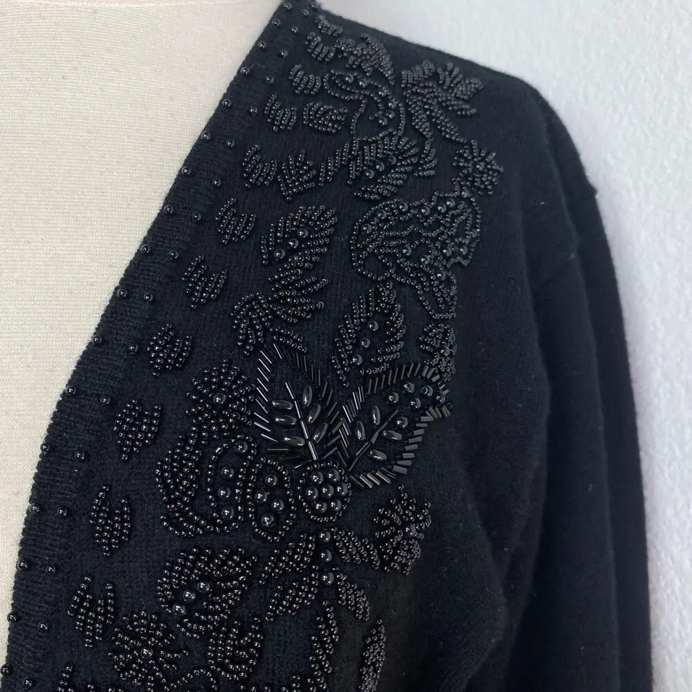 Vintage Karen Kane Black Merino Wool Beaded Cardigan Sweater Med Button Front